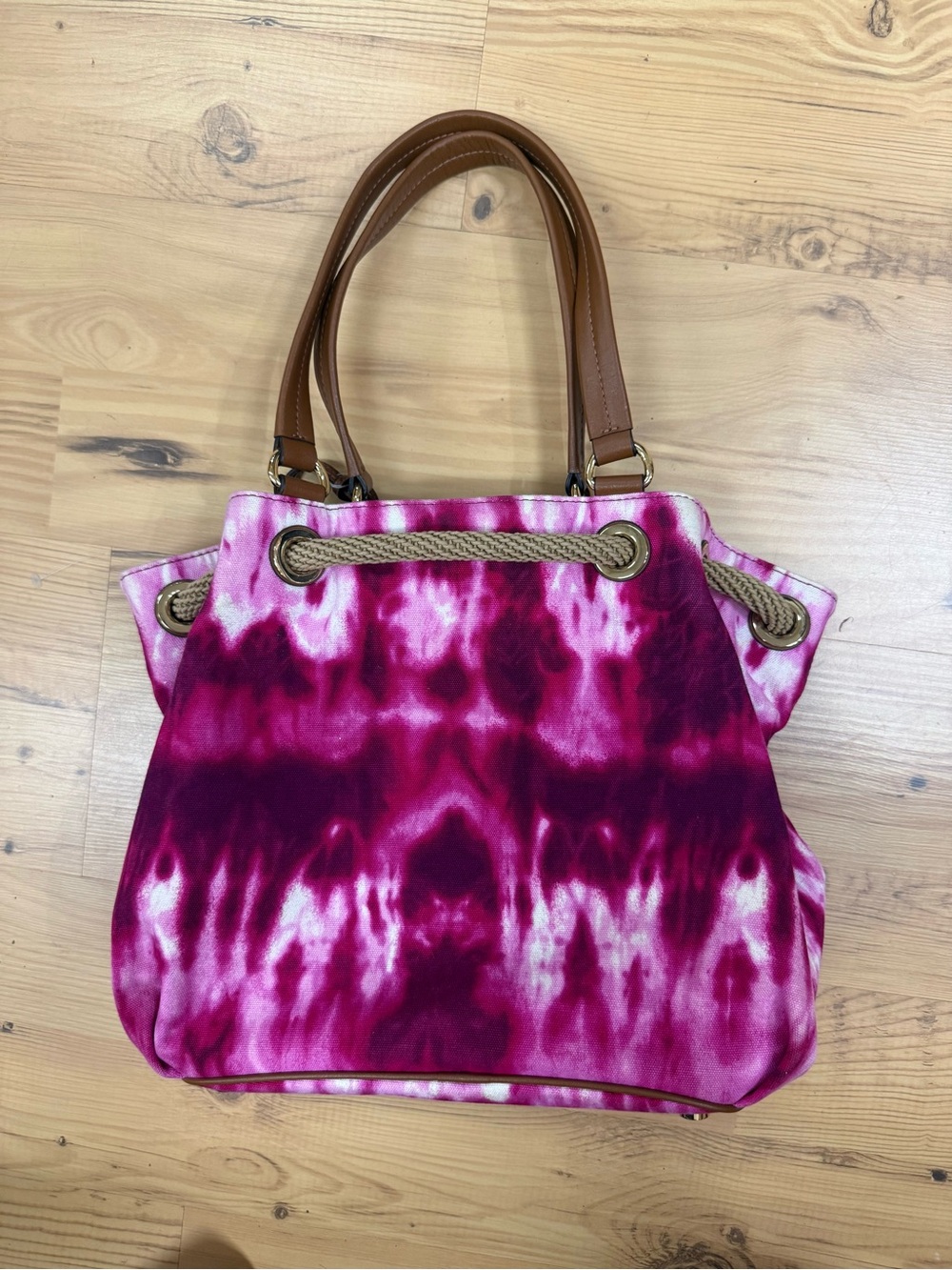 Michael Kors Magenta Tie-Dye Drawstring Shoulder Tote with Brown Leather - Picture 3 of 5